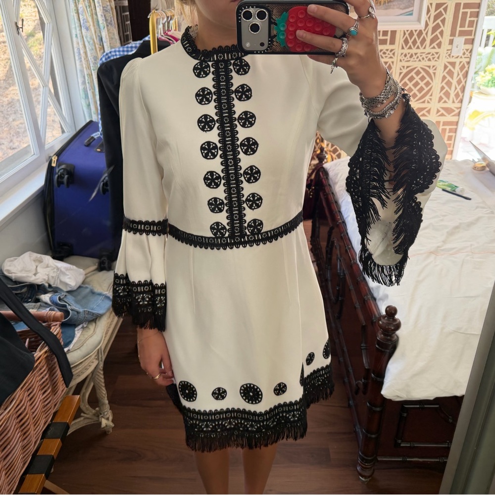 White Mini Dress with Black Lace Trim and Fringe